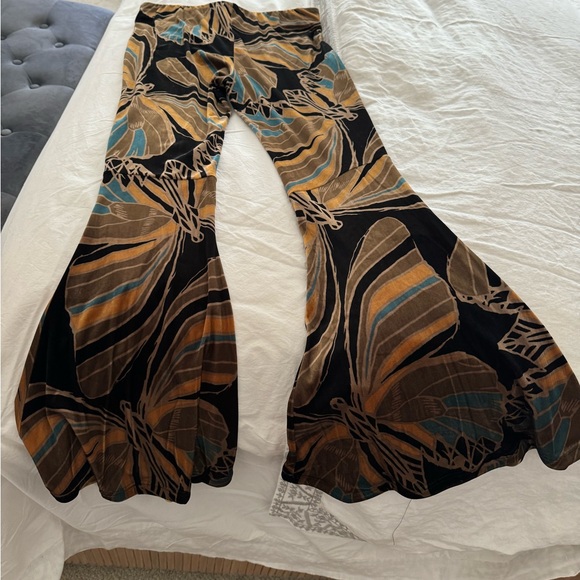 Free People Pants - Free People Black Waistband bell bottoms with Earth Tone Print